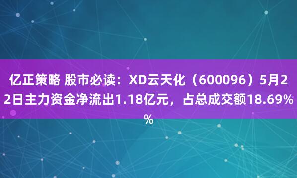 亿正策略 股市必读：XD云天化（600096）5月22日主力资金净流出1.18亿元，占总成交额18.69%